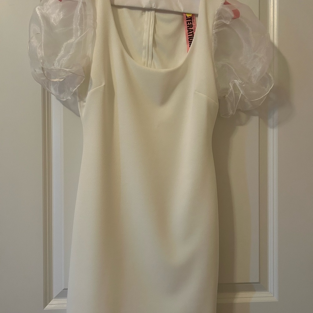 Classic Cream Mini Dress with Sheer Puff Sleeves